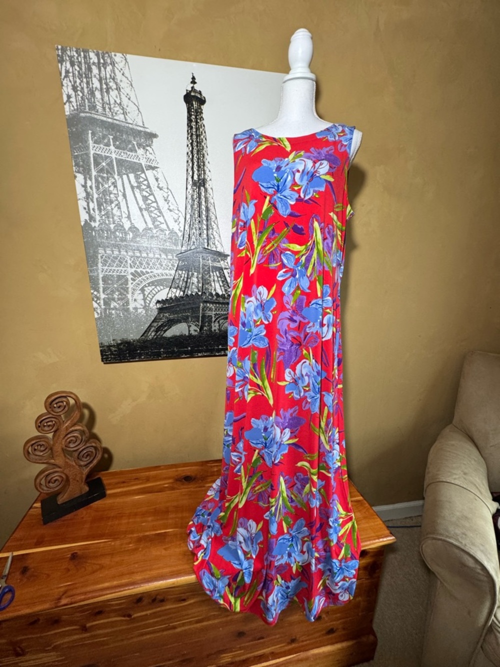 Susan Graver Red Floral Sleeveless Maxi Dress with Blue & Green Accents